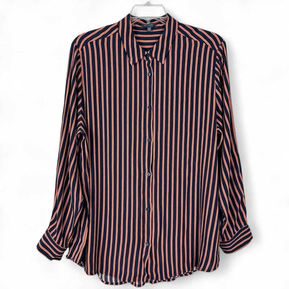 Madison Curvy Womens 2X Blouse Navy Orange Striped Rayon Long Sleeve Button Down